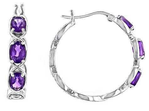 Pre-Owned Purple African Amethyst Rhodium Over Sterling Silver Hoop Earrings 2.30ctw