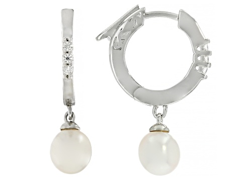 Pre-Owned White Cultured Freshwater Pearls and Moissanite Plantineve® Earrings