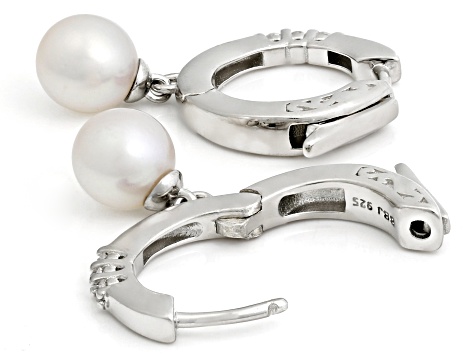 Pre-Owned White Cultured Freshwater Pearls and Moissanite Plantineve® Earrings