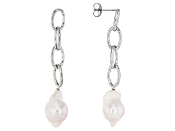Picture of Pre-Owned White Barque Cultured Freshwater Pearl Rhodium Over Sterling Silver Earrings