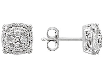 Picture of Pre-Owned White Diamond Rhodium Over Sterling Silver Cluster Stud Earrings 0.10ctw