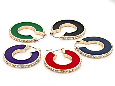 Pre-Owned Multi-Color Enamel & Crystal Gold Tone Hoop Earring Set of 5