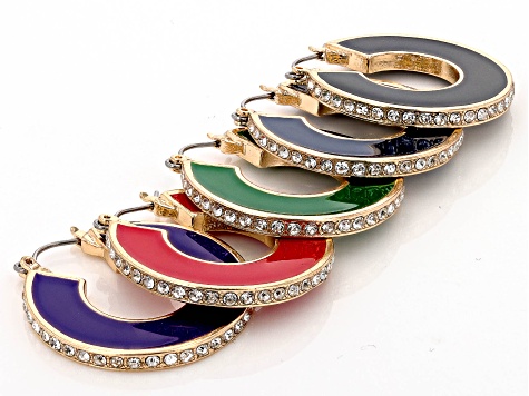 Pre-Owned Multi-Color Enamel & Crystal Gold Tone Hoop Earring Set of 5