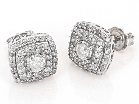 Pre-Owned White Diamond Rhodium Over Sterling Silver Halo Stud Earrings 1.00ctw