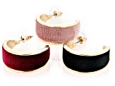 Pre-Owned Pink, Burgundy & Black Velvet Gold Tone Set of 3 Hoop Earrings