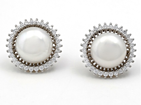 Pre-Owned White Cultured Freshwater Pearl and Cubic Zirconia Sterling Silver Stud Earrings