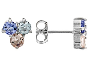 Pre-Owned Blue Tanzanite, Morganite, And Aquamarine Rhodium Over Sterling Silver Earrings 1.50ctw