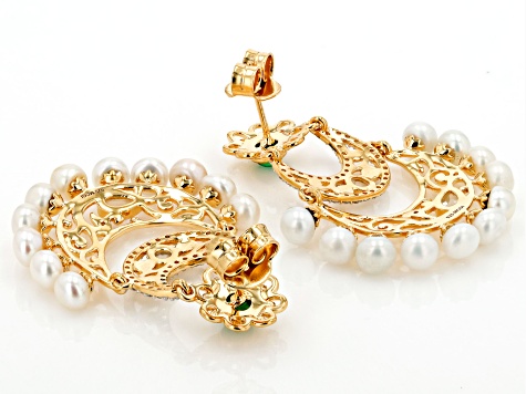 Pre-Owned Green Onyx, Cultured Freshwater Pearl, & White Topaz 18K Yellow Gold Over Silver Earrings