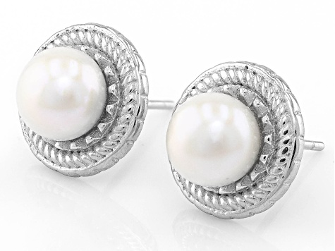 Pre-Owned White Cultured Freshwater Pearl Rhodium Over Sterling Silver Studs