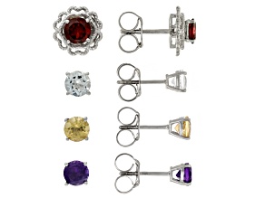 Pre-Owned Multicolor Multi-Gem Rhodium Over Sterling Silver Interchangeable Earrings 3.96ctw