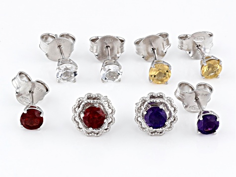 Pre-Owned Multicolor Multi-Gem Rhodium Over Sterling Silver Interchangeable Earrings 3.96ctw