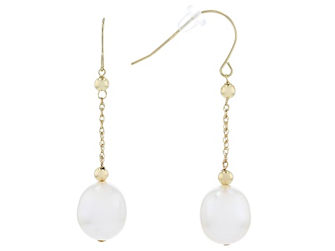 Pre-Owned White Cultured Freshwater Pearl 14k Yellow Gold Dangle Earrings
