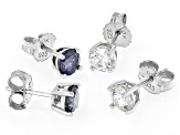 Pre-Owned White and purple rhodium over silver set of two pair stud earrings 4.40ctw