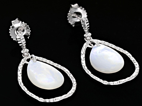 Pre-Owned 15x10mm White Mother-of-Pearl Rhodium Over Sterling Silver Dangle Earrings