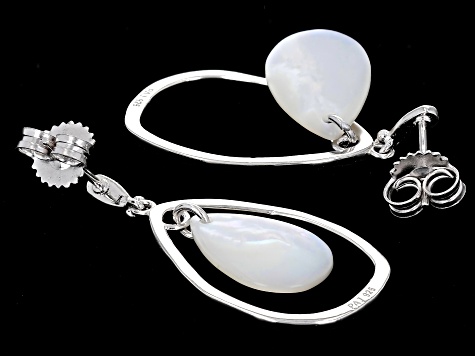 Pre-Owned 15x10mm White Mother-of-Pearl Rhodium Over Sterling Silver Dangle Earrings