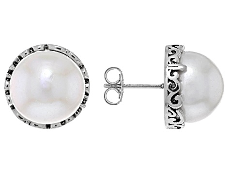 Pre-Owned White Cultured Freshwater Pearl Rhodium Over Sterling Silver Button Stud Earrings