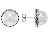 Pre-Owned White Cultured Freshwater Pearl Rhodium Over Sterling Silver Button Stud Earrings