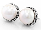 Pre-Owned White Cultured Freshwater Pearl Rhodium Over Sterling Silver Button Stud Earrings