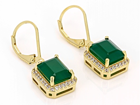 Pre-Owned Green Onyx With White Zircon 18k Yellow Gold Over Sterling Silver Earrings