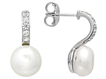 Picture of Pre-Owned White Cultured Freshwater Pearl and White Zircon Accents Rhodium Over Sterling Silver Earr