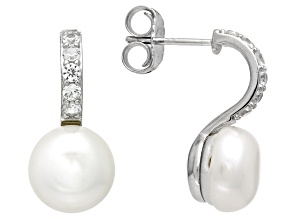Pre-Owned White Cultured Freshwater Pearl and White Zircon Accents Rhodium Over Sterling Silver Earr