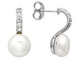 Pre-Owned White Cultured Freshwater Pearl and White Zircon Accents Rhodium Over Sterling Silver Earr