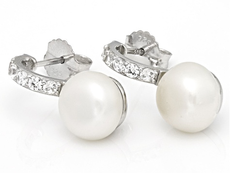 Pre-Owned White Cultured Freshwater Pearl and White Zircon Accents Rhodium Over Sterling Silver Earr