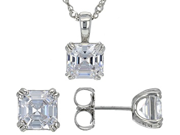 Picture of Pre-Owned White Cubic Zirconia Platinum Over Sterling Silver Asscher Cut Jewlery Set 8.22ctw