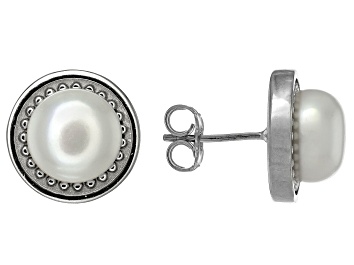 Picture of Pre-Owned White Cultured Freshwater Pearl Rhodium Over Sterling Silver Button Stud Earrings