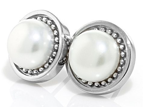 Pre-Owned White Cultured Freshwater Pearl Rhodium Over Sterling Silver Button Stud Earrings