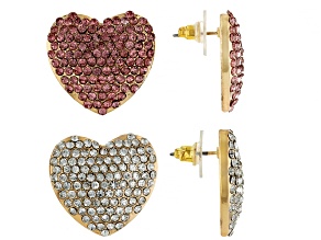 Pre-Owned Pink and White Rhinestone Gold Tone Heart Stud Earrings Set of 2