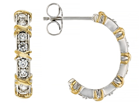 Pre-Owned White Cubic Zirconia Platinum And 18k Yellow Gold Over Sterling Silver Hoops 1.20ctw