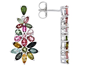 Pre-Owned Multicolor Multi-Tourmaline Rhodium Over Sterling Silver Dangle Earrings 4.11ctw