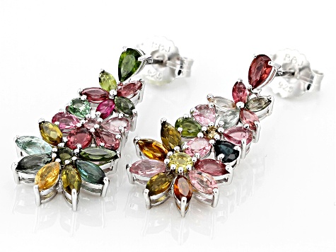 Pre-Owned Multicolor Multi-Tourmaline Rhodium Over Sterling Silver Dangle Earrings 4.11ctw