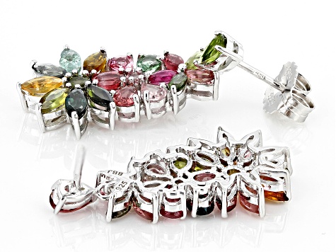 Pre-Owned Multicolor Multi-Tourmaline Rhodium Over Sterling Silver Dangle Earrings 4.11ctw