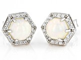 Pre-Owned White Ethiopian Opal With White Zircon Rhodium Over Sterling Silver Stud Earrings 0.16ctw