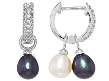 Picture of Pre-Owned White and Black Cultured Freshwater Pearl Rhodium Over Sterling Interchangeable Earrings