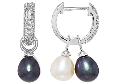 Pre-Owned White and Black Cultured Freshwater Pearl Rhodium Over Sterling Interchangeable Earrings