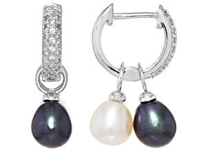 Pre-Owned White and Black Cultured Freshwater Pearl Rhodium Over Sterling Interchangeable Earrings
