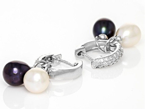 Pre-Owned White and Black Cultured Freshwater Pearl Rhodium Over Sterling Interchangeable Earrings