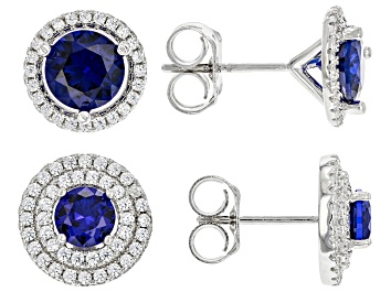 Picture of Pre-Owned Blue Lab Created Spinel Rhodium Over Sterling Silver Set of 2 Earrings 1.57ctw