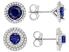 Pre-Owned Blue Lab Created Spinel Rhodium Over Sterling Silver Set of 2 Earrings 1.57ctw