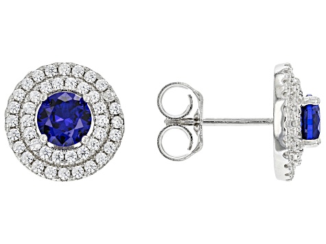 Pre-Owned Blue Lab Created Spinel Rhodium Over Sterling Silver Set of 2 Earrings 1.57ctw