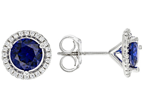 Pre-Owned Blue Lab Created Spinel Rhodium Over Sterling Silver Set of 2 Earrings 1.57ctw