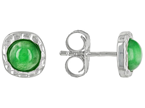 Pre-Owned Green Jadeite Rhodium Over Sterling Silver August Birthstone Hammered Stud Earrings