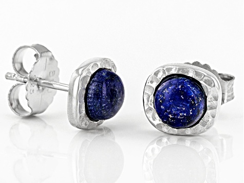 Pre-Owned Blue Lapis Lazuli Rhodium Over Silver September Birthstone Hammered Stud Earrings