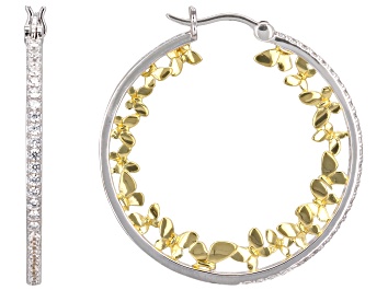 Picture of Pre-Owned White Cubic Zirconia Rhodium And 18k Yellow Gold Over Sterling Silver Butterfly Hoops 1.41