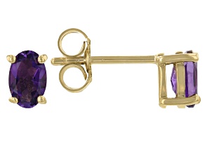 Pre-Owned Purple Amethyst 18K Yellow Gold Over Silver January Birthstone Solitaire Stud Earrings 0.7