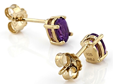 Pre-Owned Purple Amethyst 18K Yellow Gold Over Silver January Birthstone Solitaire Stud Earrings 0.7