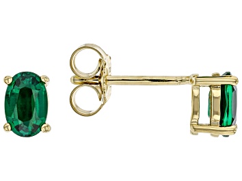 Picture of Pre-Owned Green Lab Emerald 18K Yellow Gold Over Silver May Birthstone Solitaire Stud Earrings 0.68c